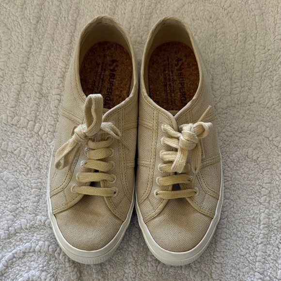 Superga Shoes - Superga Beige Canvas Lace-Up Sneakers